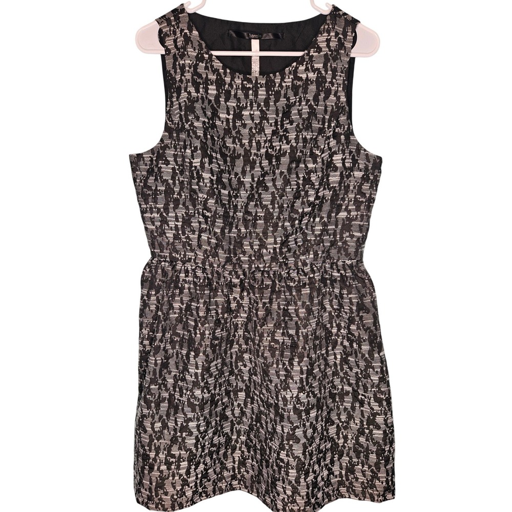 Kensie Black Gray Abstract Brocade Fit Flare Dress Sleeveless Metallic L Party